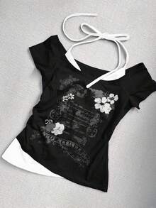 Áo nữ kiểu Y2K cổ điển, hở lưng, buộc dây, ôm sát, in họa tiết nốt nhạc, tay ngắn, hở vai, thích hợp mặc đi nghỉ mát, màu đen. - màu đen - Xem 2