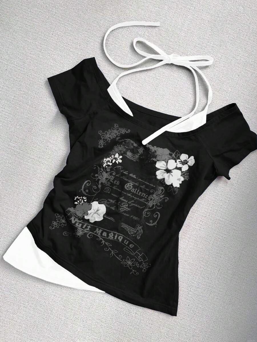 Áo nữ kiểu Y2K cổ điển, hở lưng, buộc dây, ôm sát, in họa tiết nốt nhạc, tay ngắn, hở vai, thích hợp mặc đi nghỉ mát, màu đen.