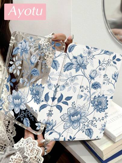 Ayotu 蓝色花卉图案小花设计保护套，适用于Y型支架翻盖保护套，兼容iPad A16、iPad Pro 13/12.9/11、iPad Air 11/13、iPad mini、iPad Air 11英寸、Kindle（第11代，2024年发布）、Kindle Paperwhite（第12代，2024年发布）