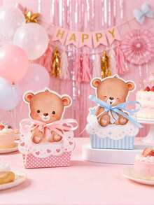 12pcs Cute Bear Cupcake Candy Boxes, Suitable For Baby Shower, Newborn Birthday Gift Packaging, Gender Reveal Party Favor Boxes (With Ribbons) - Multicolor - View 7