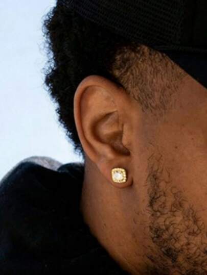 2pcs Square Stud Earrings, Fashionable Minimalist Personalized Sparkling Earrings For Men, Versatile Daily Wear