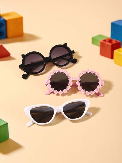 1 Set 3 Piezas Gafas de Moda para Niñas de 3-8 Años, Montura con Orejas de Gato, Montura con Flor de Margarita y Montura de Ojo de Gato con Decoración Adorable, Estilo Dulce y Juguetón, para Playa, Fiesta y Actividades al Aire Libre con Estuche de Gafas