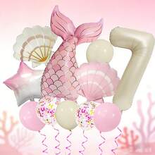 1 Set Mermaid Themed Balloon Set, Includes 32" Ivory Number Balloon, 39.37" Pink & Gold Mermaid Tail Balloon, 26" Pearl White & Pink Shell Balloons, 18" Pink & White Gradient Star Balloons, Suitable For Birthday Gifts, Mermaid Princess Themed Parties, Ocean Themed Events, Dream Theme, Easy To Create A Dreamy And Sweet Underwater Princess Atmosphere - View 10