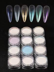 12 piezas de polvo de uñas con efecto de aurora de sirena, polvo de luz de luna, polvo de perla para decoración de arte de uñas DIY - Multicolor - Ver 7
