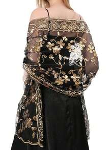 1pc Fashionable Elegant Handmade Knitted Shawl With Sequined Heart And Flower Design For Women, Great For Evening Parties, Stage Performances And Daily Wear Accessories Women Valentine's Day Valentines - Black Gold - 查看 5