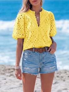 PRETTYGARDEN Women's Summer Clothes Tops Fashion Casual Short Sleeve V Neck Buttons Hollow Eyelet Lace Embroidered Blouses Shirts Festival  Beach Vacation - 黃色 - 查看 5