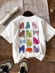 Casual Plus Size Regular Sleeve Tee Featuring Fun Multi-Colored Cat Pattern, Comfortable High Stretch Fabric White - White - View 3