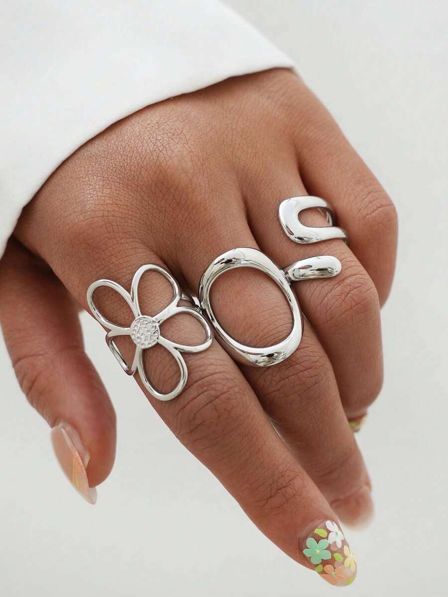 Bộ 3 chiếc/1 chiếc nhẫn hình hoa rỗng, chất liệu thép không gỉ 18K, thiết kế tối giản có thể xếp chồng lên nhau, phong cách Y2K thời thượng, phù hợp để đeo hàng ngày, chống thấm nước và không gây dị ứng, thích hợp làm quà tặng sinh nhật, ngày Valentine, quà tặng tiệc tùng. - Bạc 2 - Xem 1
