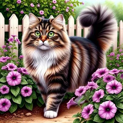 1 pieza Pintura de diamantes 5D Gatito en jardín de primavera, arte de diamantes hecho a mano con strass y punto de cruz, decoración de pared sin marco para sala de estar y dormitorio, un regalo para mamá