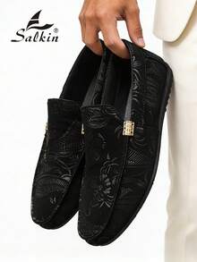 Salkin 男士设计师款莫卡辛鞋，奢华佩斯利花纹绒面革乐福鞋，柔软皮革商务休闲鞋，适合办公室、婚礼、派对、约会、节日礼物、休闲和运动场合。建议选购大一码。 - 黑色 - 查看 3