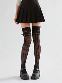 Vớ cao đến đùi kiểu ballet mùa xuân hè, thắt nơ, họa tiết hình thoi rỗng, vớ ren phong cách Lolita cổ điển. - Nhiều màu - View 11