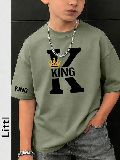 儿童 Urban King 字母图案 T 恤，休闲短袖 T 恤，适合户外和日常穿着
