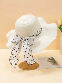 1 Summer Women's White Wavy Polka Dot Bow Beach Sun Hat, Elegant And Sun-Protective, Suitable For Beach Trips And Vacations. - 卡其色 2 - 查看 2