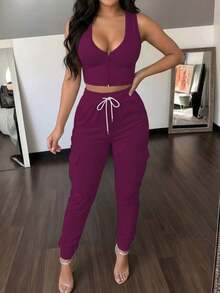 New Summer Women 2pcs Set, Casual Comfortable Solid Sleeveless Tank Top & Elastic Waist Pocket Long Pants - Màu tím 262 - Xem 3
