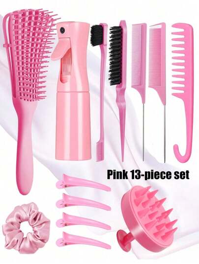 This 13-Piece Professional Hair Styling Kit Features A Comprehensive Array Of Salon-Quality Tools For Home Use-Including A Vented Detangling Brush, Spray Bottle, Sectioning Comb, Scalp Massage Brush, Hair Clips, And More.