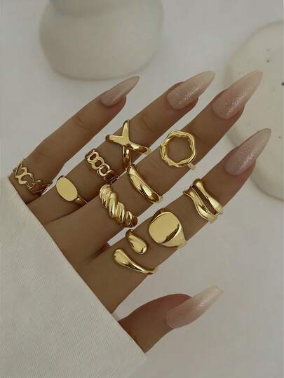 10Pcs/Set Vintage Smooth Water Drop Open Rings For Women Creative Metal Gold Color Finger Rings Daily Jewelry Gifts