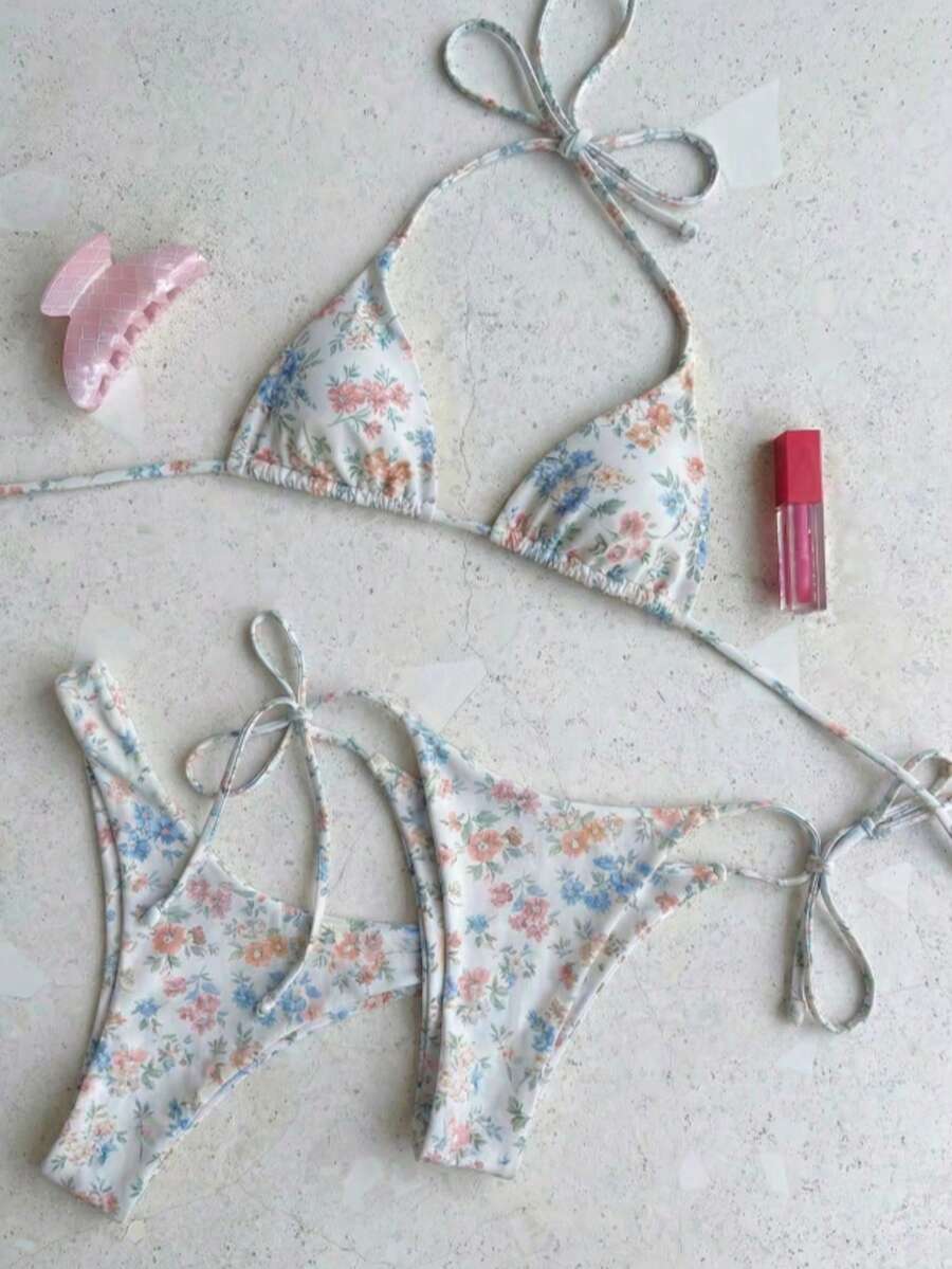 女士夏季休闲蓝棕条纹印花吊带两件式泳衣套装，带系带，包含多功能沙滩裤，三件套时尚泳装套装 - 彩色 - 查看 1