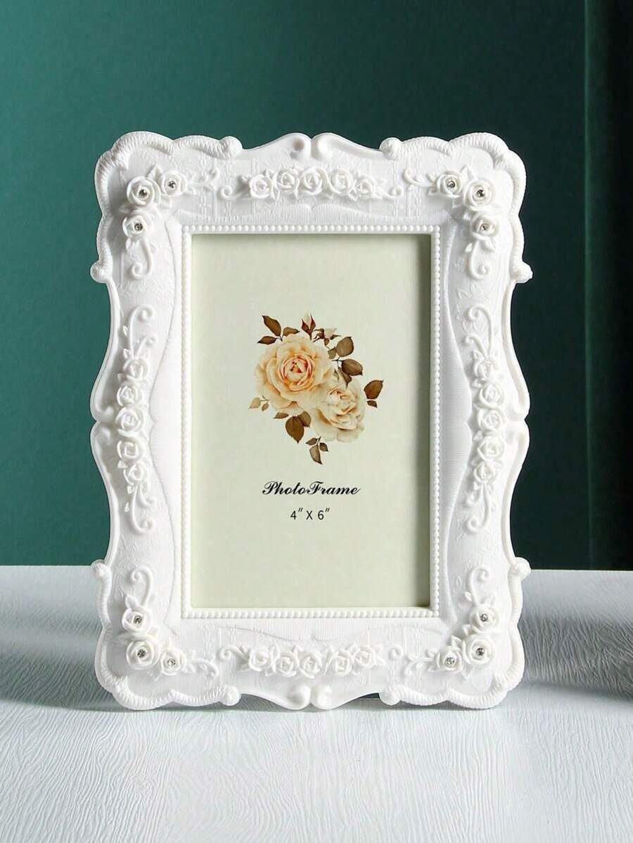 1 ramă foto în relief cu trandafir alb, ramă decorativă florală clasică europeană din material din rășină, șevalet auriu cald pentru decor de birou, utilizare orizontală și verticală, dormitor, studiu, birou, cadouri de decorare foto pentru birou, ziua de naștere, absolvire
