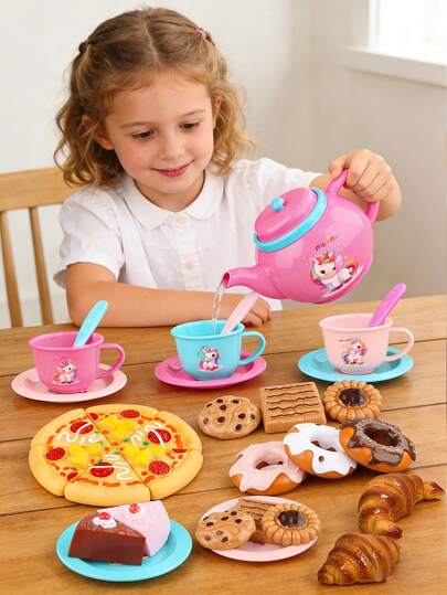 25pcs Girls Fantasy Baking Tea Party Toy Set, Including Realistic Teapot, Teacups, Cakes, Featuring Unicorn Pattern, Suitable For 3 Players, Great Gift For 2-6 Year Old Girls