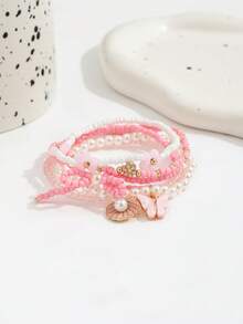 5pcs Bohemian Style Faux Pearl Beaded Elastic Cord Bracelet With Shell, Flower & Butterfly Pendants, Women Bracelet Set - Gold - View 2