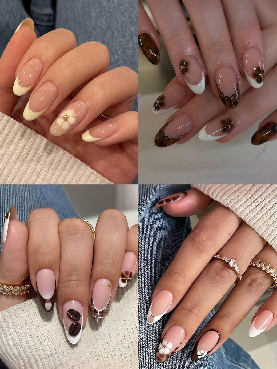 96 piezas Juego de uñas postizas de almendra con decoración de cuentas de acero dorado, estampado de leopardo y puntas francesas blancas, uñas medianas de cobertura completa con acabado brillante. Incluye: 1 pieza de pegamento de gelatina y 1 pieza de lima de uñas. Uñas postizas y uñas con puntas francesas fáciles de usar para la vida diaria de mujeres y niñas. - Multicolor - Ver 1