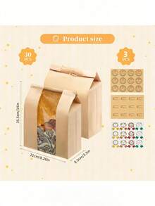 30pcs Kraft Paper Sourdough Bread Bags, 14"X8.3"X3.5", With Foil Twist Tie Closure And Transparent Front Window, Includes 36 Label Sealing Stickers, Suitable For Homemade Baked Goods Storage And Gift Giving - View 4