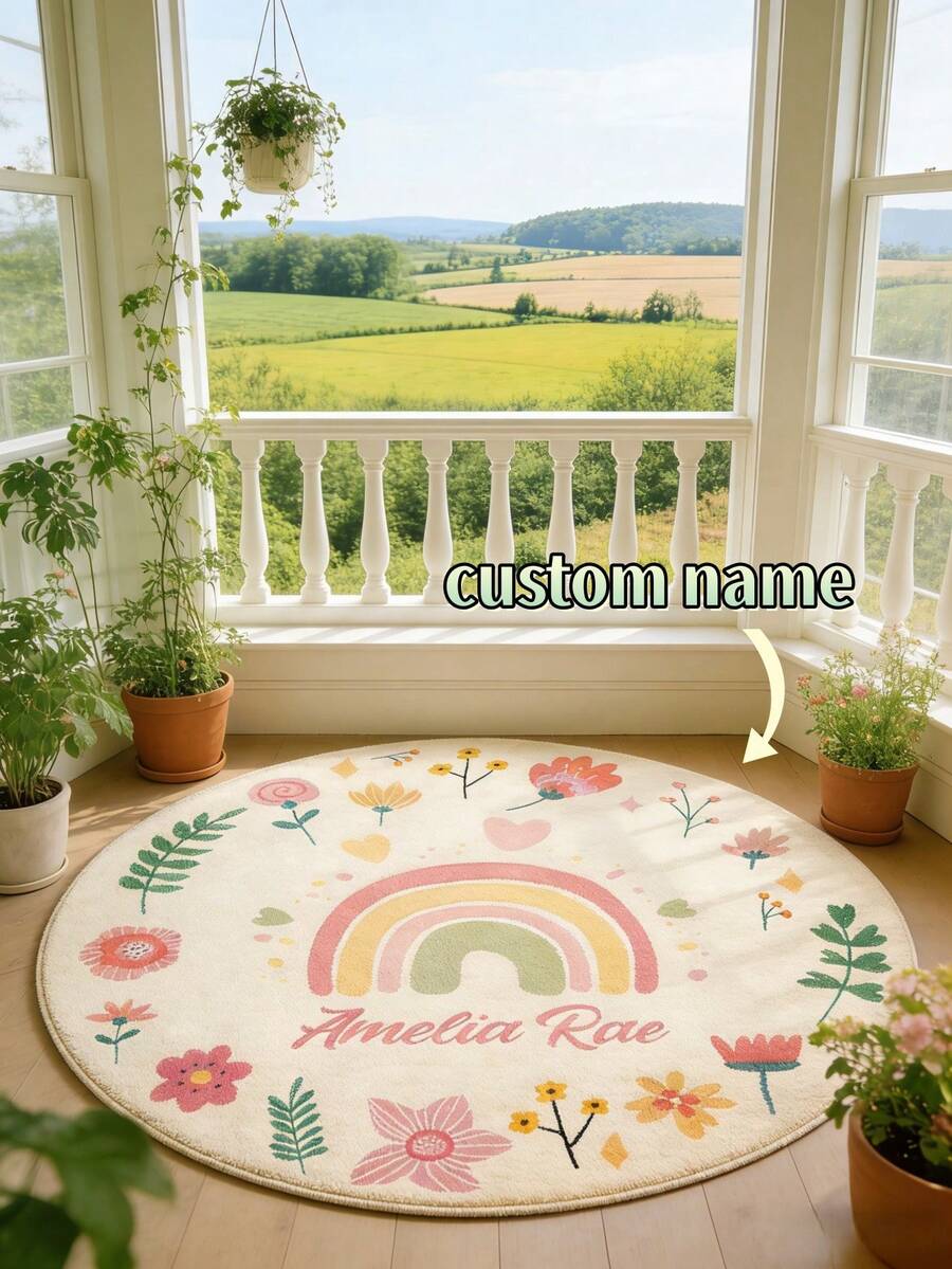 1pc Customized Round Rainbow Flower Carpet Print Your Name Faux Wool Material For Home Decor Living Room Bedroom Kids Room Sofa Bed - Multicolor - View 1