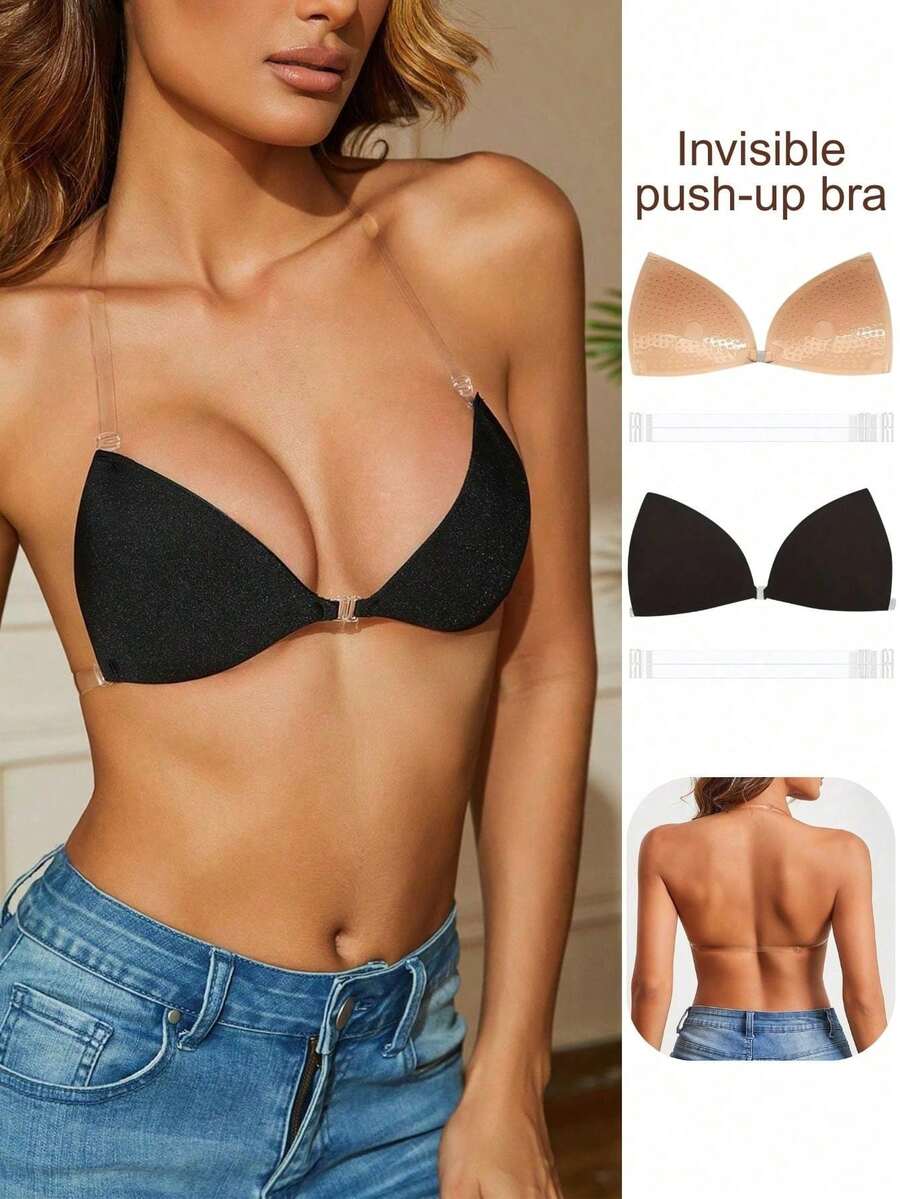 半套隐形三角粘性文胸 - 硅胶提拉罩杯带肩带，适合露背连衣裙，透气自粘提拉垫，可重复使用，亲肤 - 彩色 - 查看 1