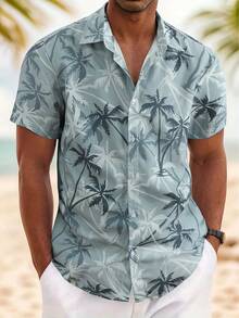 Tropical Palm Tree Silhouette Pattern Symbolizing Freedom And Coastal Serenity Men'S 3D Printed Short Sleeve Button Up Beach Shirt Casual Summer Outfit - 白色 - 查看 1