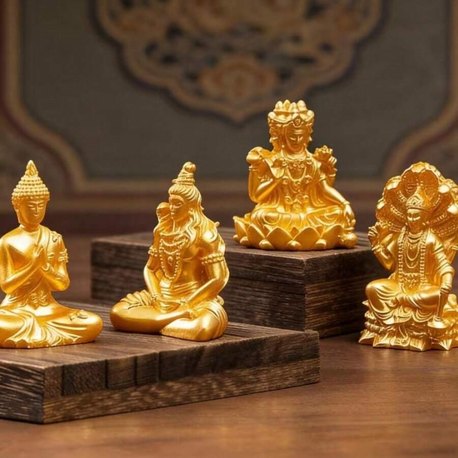 4pcs Southeast Asian Golden Buddha Statue Figurines, Resin Crafts, Micro Landscape DIY Decor Accessories, Mini Ornaments - 4 Pieces/set - View 1