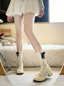 Soft Mary Jane Shoes With Bow Strap, French Lace Thick Heel Pumps Suitable For Dresses - Beige - View 4