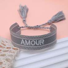 1pc Handmade Embroidered French "AMOUR" Creative Woven Retro Bracelet, Suitable For Couples, Holiday Gift, Blessing Cord - Grey - View 6