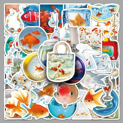 50pcs Goldfish Themed Doodle Stickers, Ins Decorative Stickers For Scrapbooking, Luggage, Planner, Multi-Purpose Decorative Stickers Funny Stickers Kindle Scrapbook Supplies Laptop Sticker