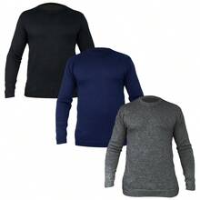 Set Of 3 Men's Knit Wool Ribbed Crew Neck Sweaters For Autumn/Winter, Regular Fit, Perfect For Daily Wear, Holidays, Evenings Out, And Home Wear. - Black/Navy Blue/Charcoal - View 1