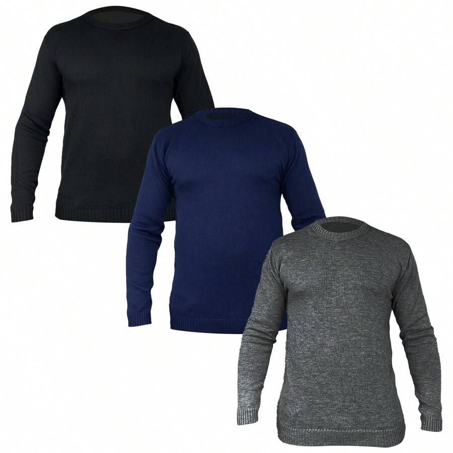 Set Of 3 Men's Knit Wool Ribbed Crew Neck Sweaters For Autumn/Winter, Regular Fit, Perfect For Daily Wear, Holidays, Evenings Out, And Home Wear. - Black/Navy Blue/Charcoal - View 1