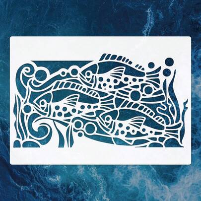 可重复使用的鱼形模板，适用于DIY墙面艺术、剪贴簿和压花——耐用PET塑料材质，易于使用，尺寸为11.7英寸 x 8.3英寸。