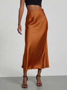 Rok Maxi Satin Pinggang Elastis Se-Helo untuk Wanita, Cocok untuk Semua Musim Semi - Oranye - View 3