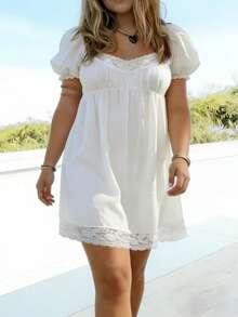 Women Plus Size Lace Splicing Dress Solid Color Square Neck Puff Sleeve Casual Loose Short Mini Dress - White - View 4