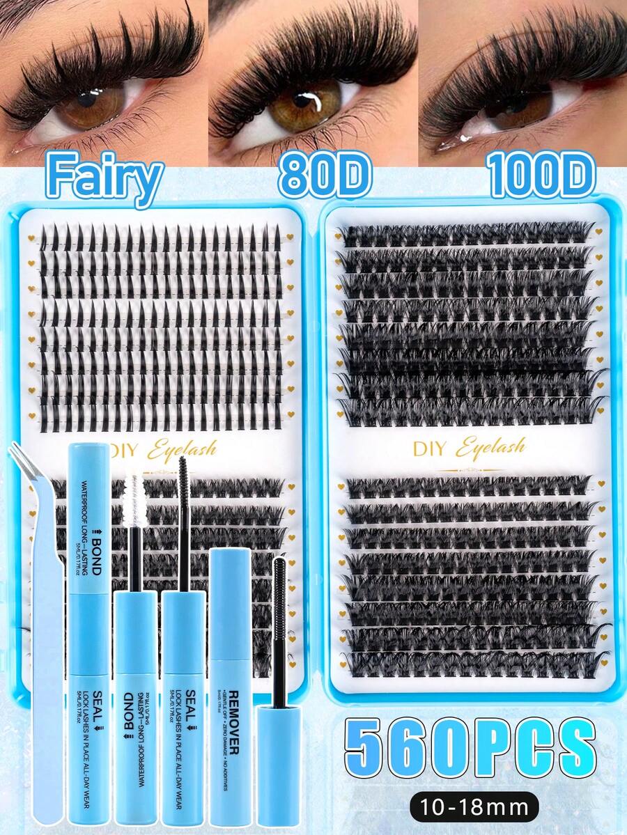 560片簇状尖刺假睫毛套装,包含仙女尖刺假睫毛+下睫毛+80D+100D,长度10-18毫米,D型卷翘簇状3D浓密假睫毛,配有胶水、卸妆液和可重复使用的镊子,适合各种场合。 - 黑色 - 查看 1