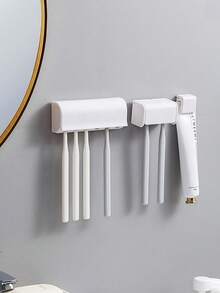 1pc Bathroom Toothbrush Holder, Multi-Function Adhesive Toothbrush Storage Rack With Cover, Holds 2/6 Toothbrushes, Bathroom Accessory, Back To School Season - White - View 5