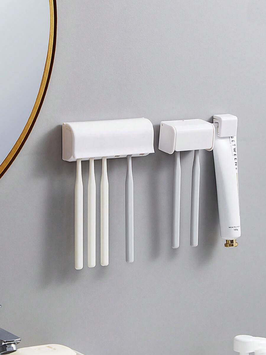 1pc Bathroom Toothbrush Holder, Multi-Function Adhesive Toothbrush Storage Rack With Cover, Holds 2/6 Toothbrushes, Bathroom Accessory, Back To School Season - White - View 1