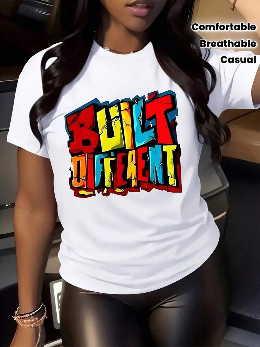 Heart Womens TShirt Comfortable Crew Neck Casual Cotton Blend ShortSleeves Soft Breathable Top Womenswear Tshirt Summer Spring Streetwear Fabric - 白色 - 查看 1