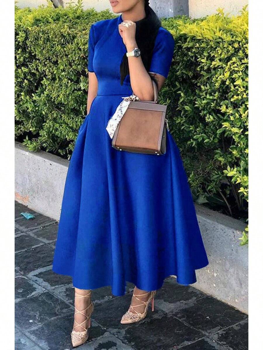 2026 European And American Women's Fashion Round-Neck Short-Sleeve Elegant Waist-Cinching Slimming Party Dress With A Large Hem - 藍色 - 查看 1