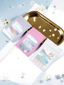 100个/10个装可重复密封袋，透明窗口食品保鲜袋，糖果袋，软糖袋，铝箔袋，派对礼品包装袋，全息可重复密封拉链食品保鲜袋，铝箔防臭袋，塑料扁平包装袋，适用于派对礼品、食品、糖果、珠宝、唇彩等，多种尺寸和颜色可选。 - 彩色 - 查看 3