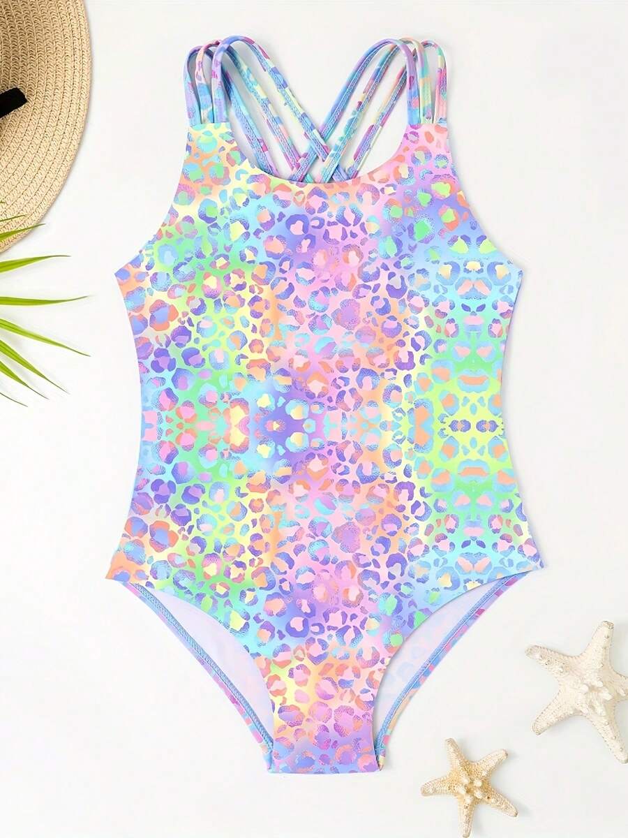 1 pieza Traje de baño de una sola pieza con estampado de leopardo en degradado de colores para niñas, diseño de espalda cruzada, estilo enérgico de verano para la piscina - Multicolor - Ver 1