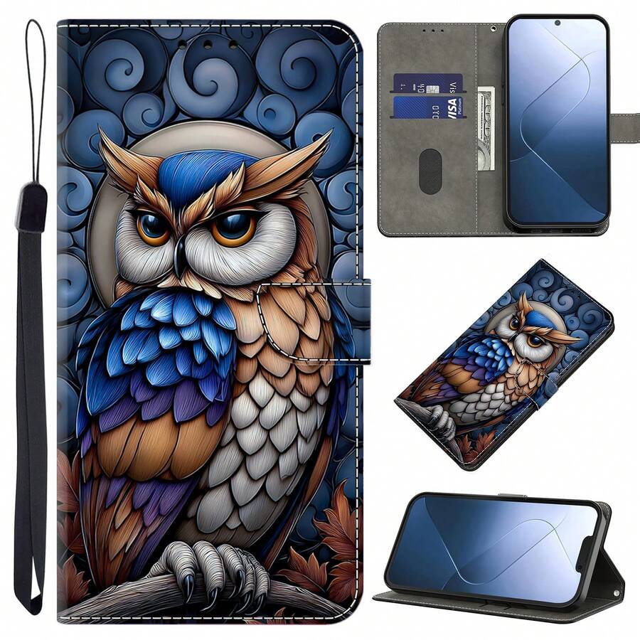 GLANDOTU Capa carteira para celular em Pu com ilustração vintage de coruja, compartimentos para cartões e cordão, capa protetora com suporte dobrável para diversos modelos de celular. - Multicolorido - Ver 1
