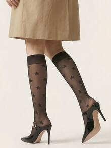 1 đôi tất nữ cao đến đầu gối bằng vải lưới xuyên thấu họa tiết ngôi sao, gợi cảm, thoáng khí, kiểu dáng Y2K thanh lịch, mỏng nhẹ, sang trọng, thích hợp mặc hàng ngày và dự tiệc. - màu đen - Xem 3