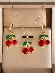 3pcs Fruit Series - Cherry Necklace & Earrings Set For Women, Copper Material , Elegant & Cute, & Sweet, Suitable For Women's Vacation And Daily Wear, Jewelry Gift For Christmas, Graduation And Back To School Season - 金色 - 查看 2