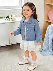 New Girls Toddler Asymmetrical Heart Embroidery Cute Casual Denim Jacket, Spring/Summer/Autumn - Baby Blue - View 4