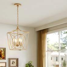 Tribesigns 4-Light Farmhouse Chandelier, Gold Rustic Metal Cage Adjustable Industrial Hanging Pendant Light Ceiling Fixture For Kitchen Island, Dining Room, Entryway UL Listed, E12 Base - 金色 - 查看 9